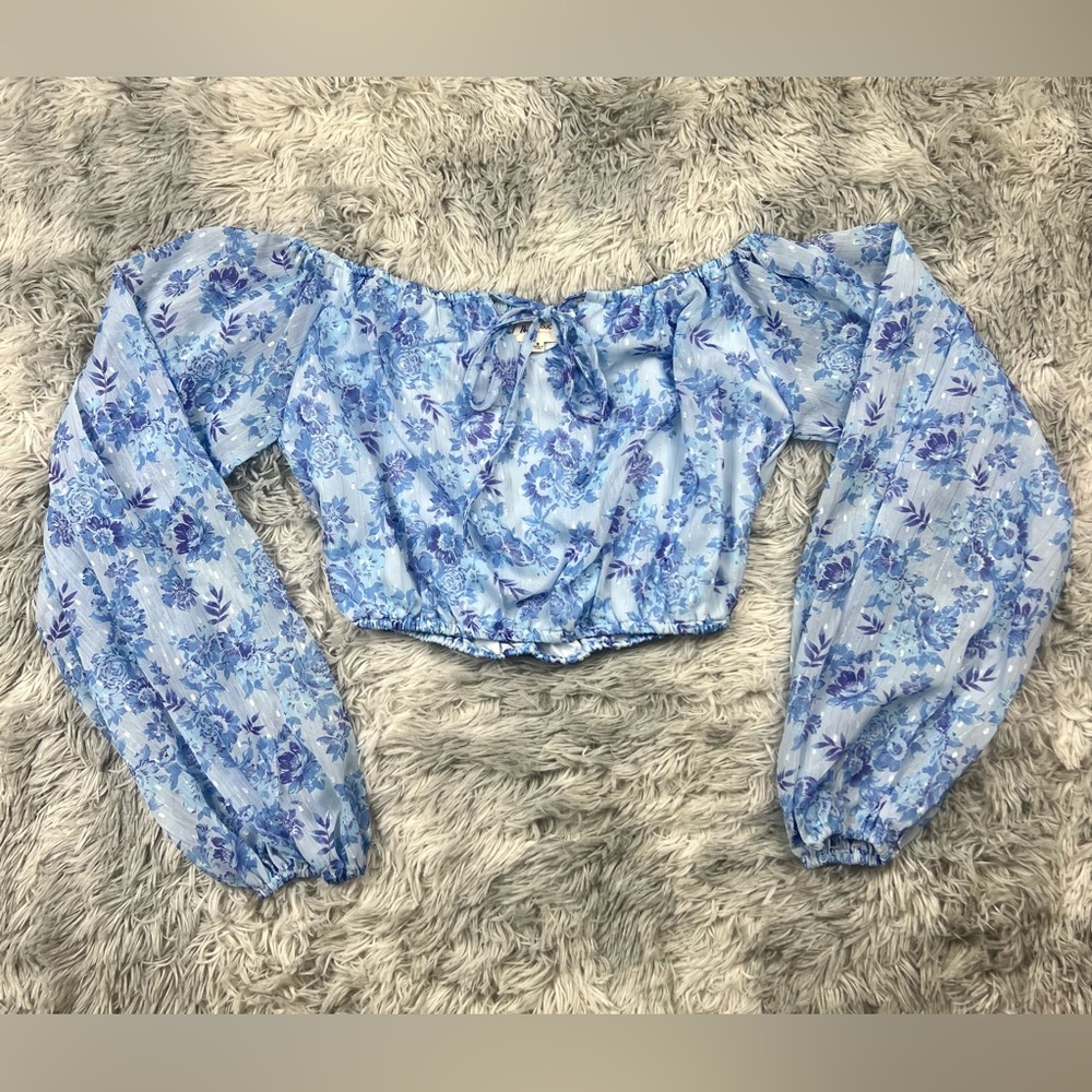 NWOT Blue Dressy Crop Top Floral Blouse